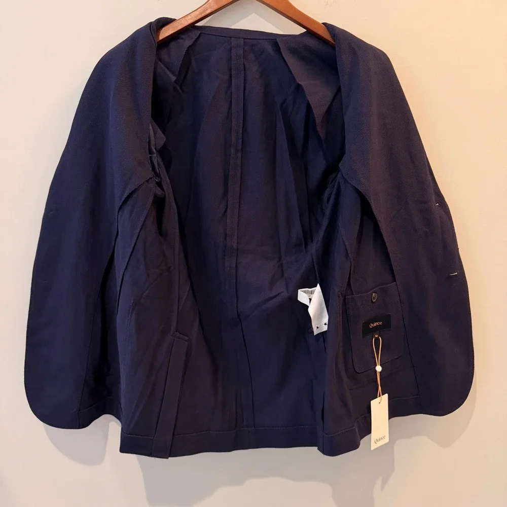 Quince Cotton Pique‎ Knit Blazer Lightweight Breathable Date Office Navy Med NWT